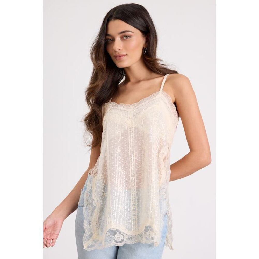 Lulus Aylani Cream Sheer Lace Sequin Slip Cami Top White - Size M